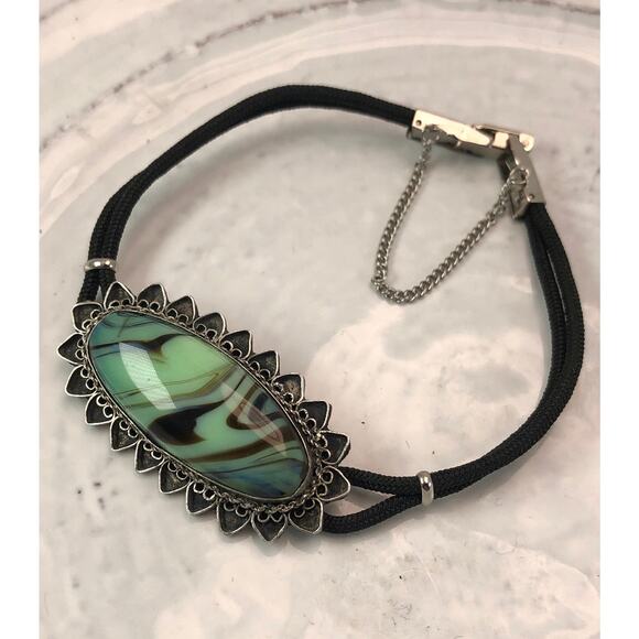 Groovy Vintage Sterling Silver Green Marbled Pendant on Watchband BRACELET